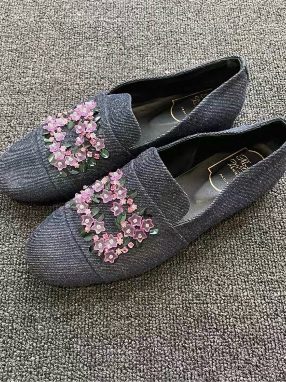 Roger Vivier Denim-Style Flats with Pink Floral Appliqués